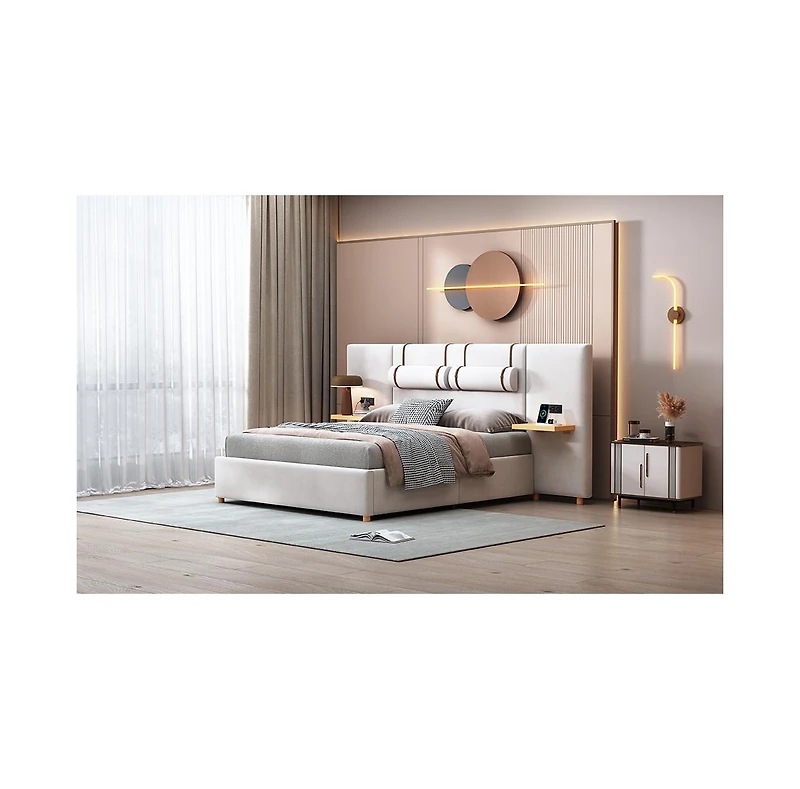 Slickblue Queen Size Upholstered Platform Bed with Dual Outlets and Usb Charging Ports on Each Side