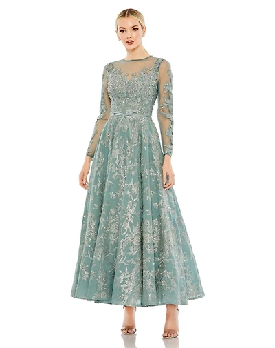 Mac Duggal Women's Embellished Bow Belt Illusion Long Sleeve A Line Dress