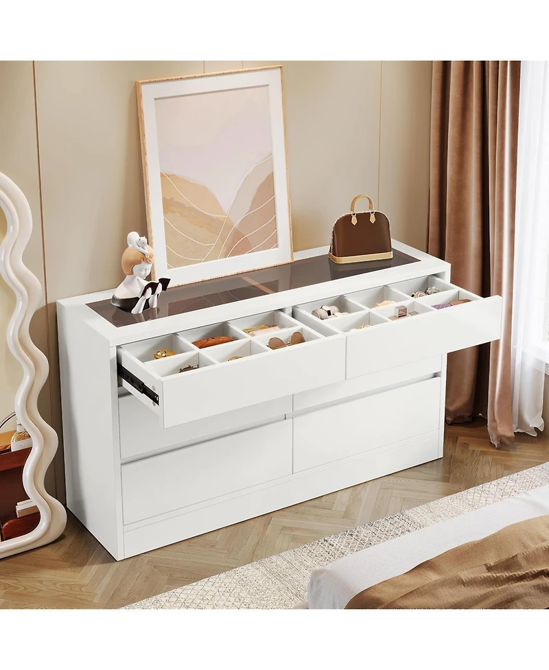 Tribesigns 6 Drawer Dresser with Jewelry Display Storage, Modern White 55" Chest of Dresser with Glass Top, Wood Double Dresser Storage Organizer for