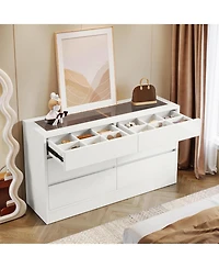 Tribesigns 6 Drawer Dresser with Jewelry Display Storage, Modern White 55" Chest of Dresser with Glass Top, Wood Double Dresser Storage Organizer for