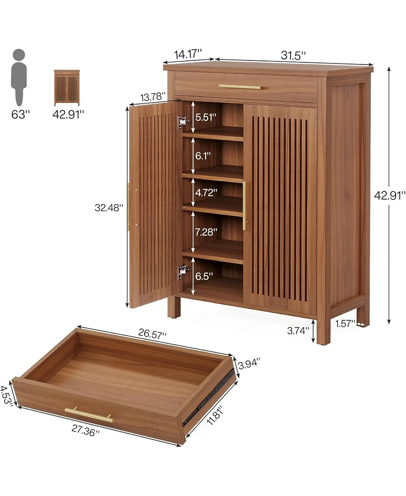 Tribesigns Shoe Cabinet, 5-Tier Shoe Storage Cabinet with Louvered Doors and Drawer, Freestanding Wooden Shoe Rack Organizer with Adjustable Shelves f