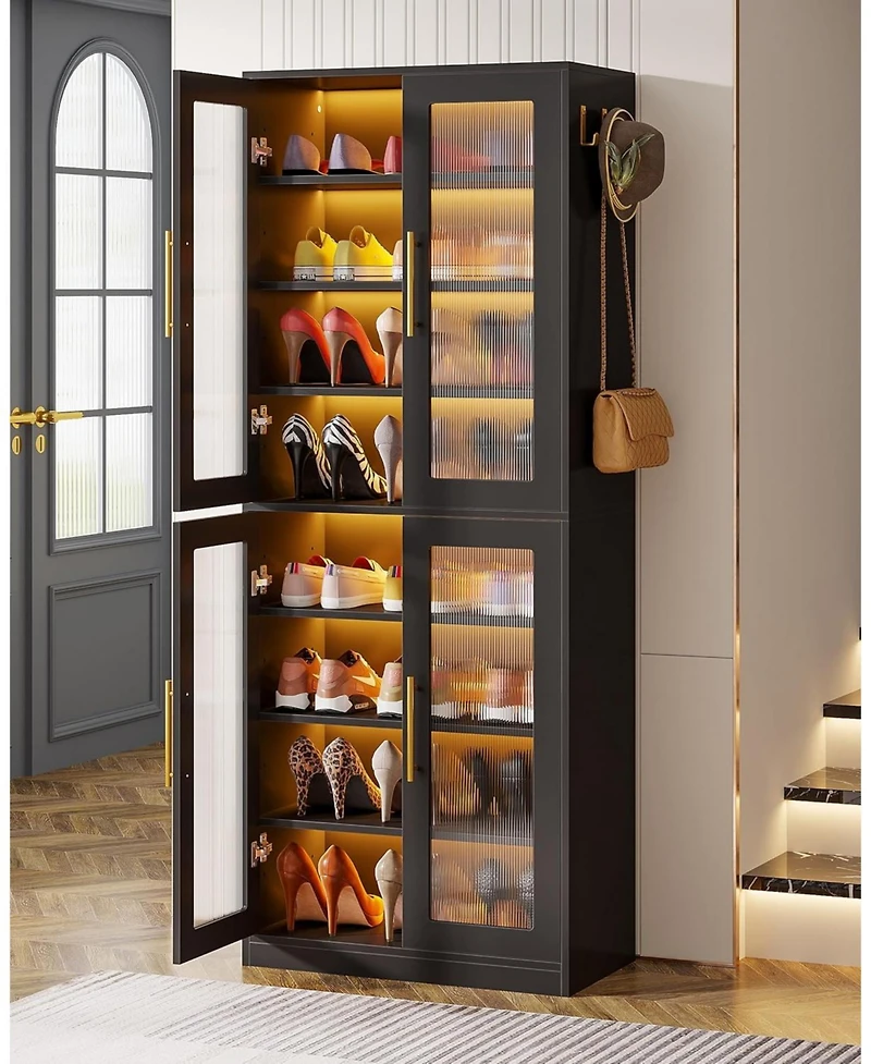 Tribesigns Tall Shoe Cabinet with Acrylic Doors and Led Lights, 8-Tier Entryway Storage Rack Adjustable Shelves Hanging Hooks