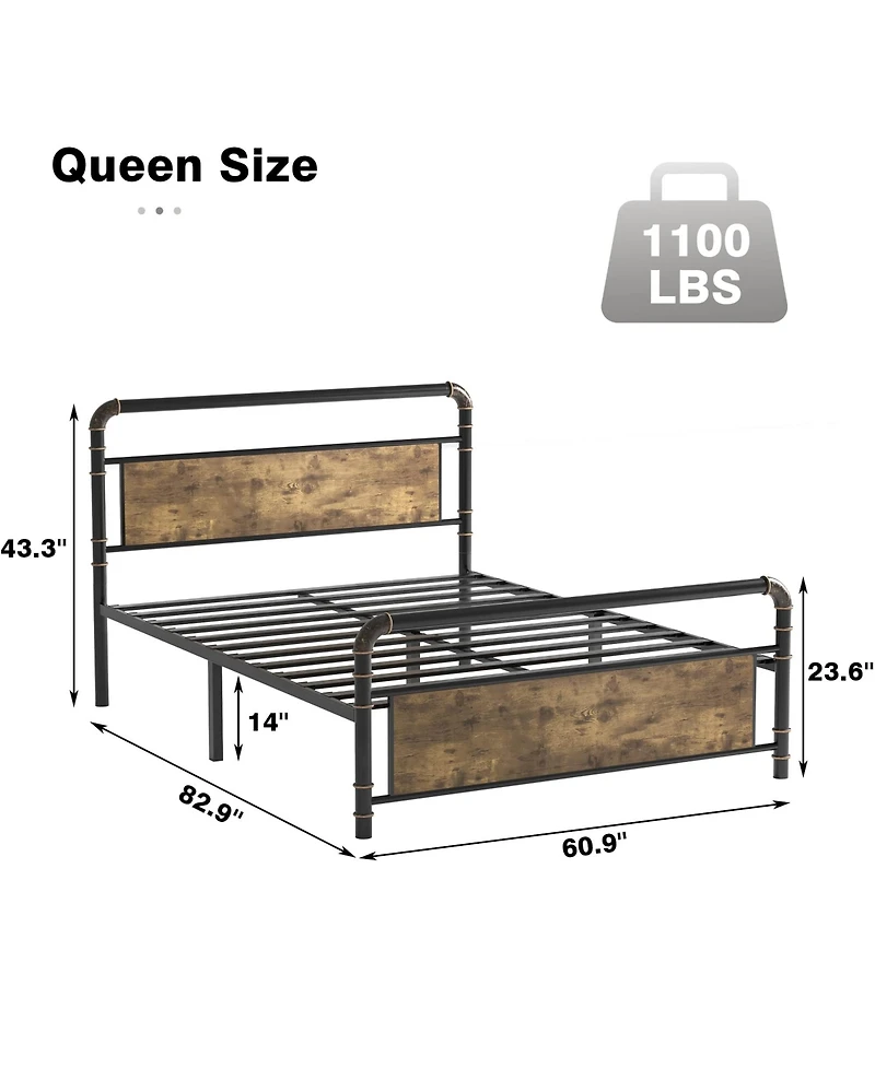 gaomon Queen Metal Bed Frame with Wood Headboard & Footboard, Heavy Duty Platform Bed Frame with 14" Under-Bed Storage