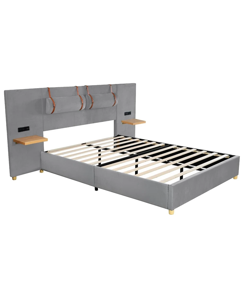 Slickblue Queen Upholstered Platform Bed with Dual Outlets and Usb Charging Ports on Each Side