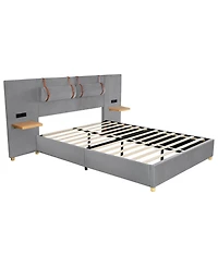 Slickblue Queen Upholstered Platform Bed with Dual Outlets and Usb Charging Ports on Each Side