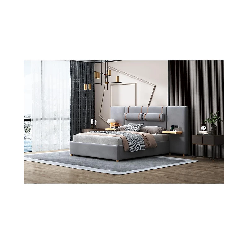 Slickblue Queen Upholstered Platform Bed with Dual Outlets and Usb Charging Ports on Each Side