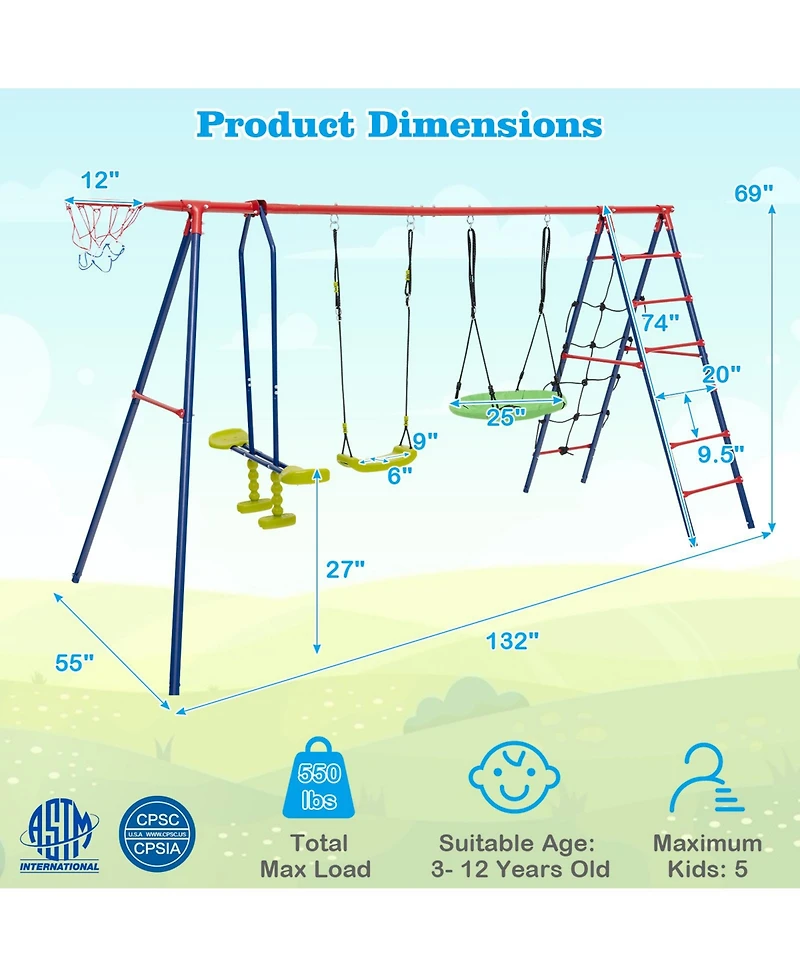 550 Lbs 6-in-1 Patio Kids Swing Set – Climbing Net, Ladder & Basketball Hoop
