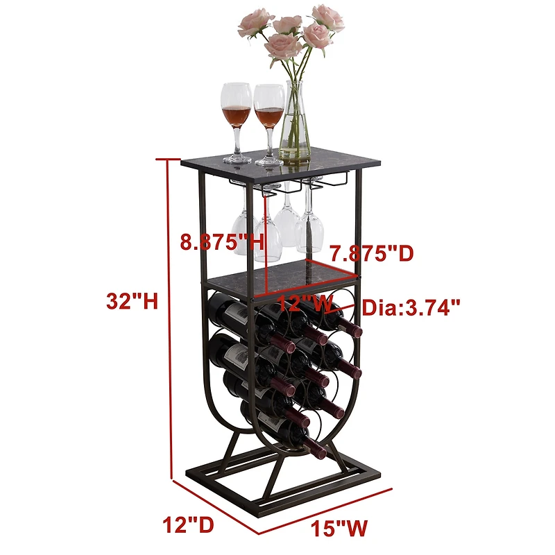 Kings Brand Furniture Freestanding Floor Wine Rack Console Table with Glass Holder, Wine Holder Stand for 9 Bottles, Pewter/Marble