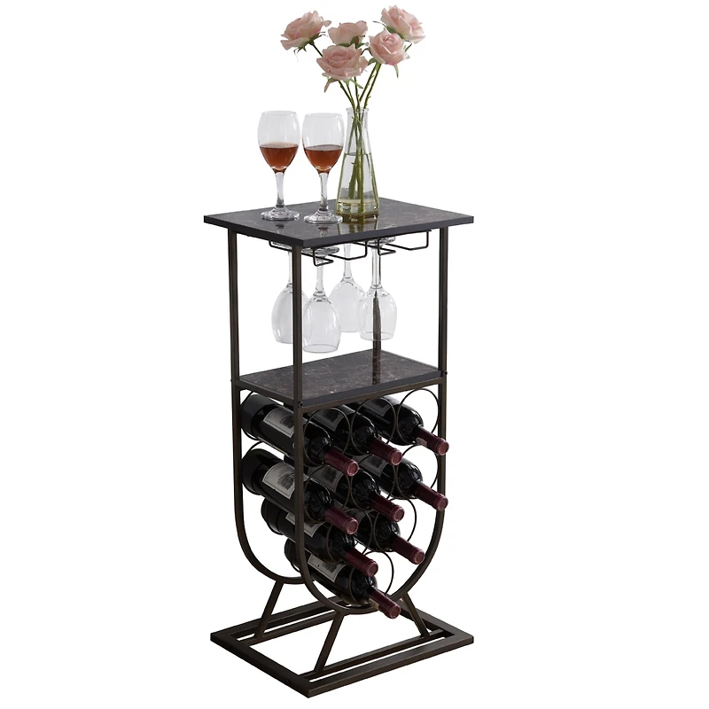 Kings Brand Furniture Freestanding Floor Wine Rack Console Table with Glass Holder, Wine Holder Stand for 9 Bottles, Pewter/Marble