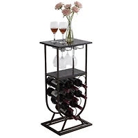 Kings Brand Furniture Freestanding Floor Wine Rack Console Table with Glass Holder, Wine Holder Stand for 9 Bottles, Pewter/Marble
