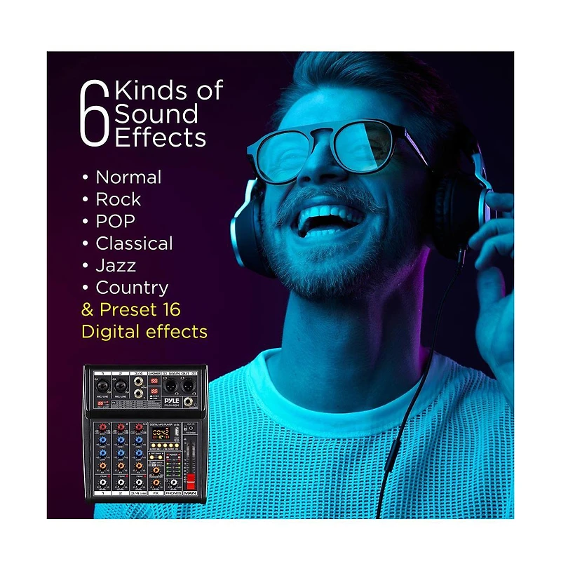 Pyle 4-Channel Audio Mixer with Fx Processor, Usb Interface, and MP3 Player - PMX464