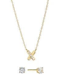 2-Pc Set Cubic Zirconia X Pendant Necklace & Solitaire Stud Earrings Sterling Silver (Also available 14k Gold over