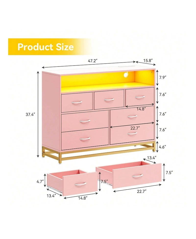 Dresser For Bedroom, Modern 7 Drawers Long Dresser With Charging Station And Led Lights Design