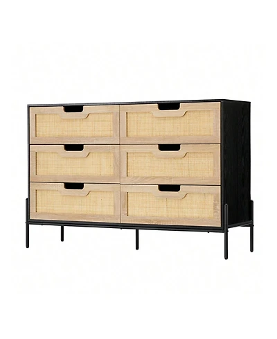 6 Drawers Dresser For Bedroom, Natural Rattan Drawer With Spacious Storage, Wood Chest Of Drawers With Metal Legs For Bedroom, Living Room, Hallway