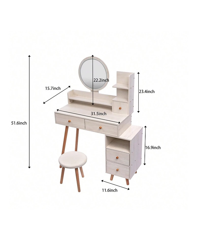 gaomon Stylish Bedroom Vanity Table With Cushioned Stool, Touch Control Led Mirror, 5 Drawers, Multiple Open Shelves
