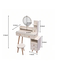 gaomon Stylish Bedroom Vanity Table With Cushioned Stool, Touch Control Led Mirror, 5 Drawers, Multiple Open Shelves