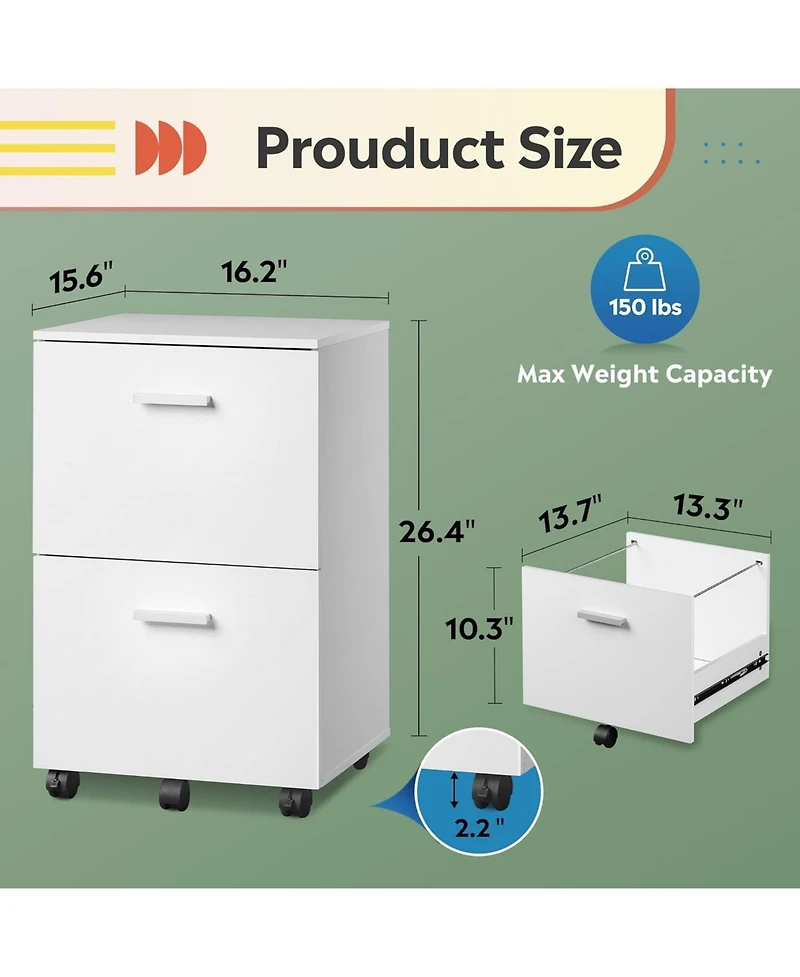 2 Drawer File Cabinet, Mobile Printer Stand, Wood Filing Cabinet fits A4 or Letter Size for Home Office