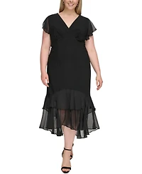 Tommy Hilfiger Women's Plus Size Flutter-sleeve Ruffle High-low A-line Dress