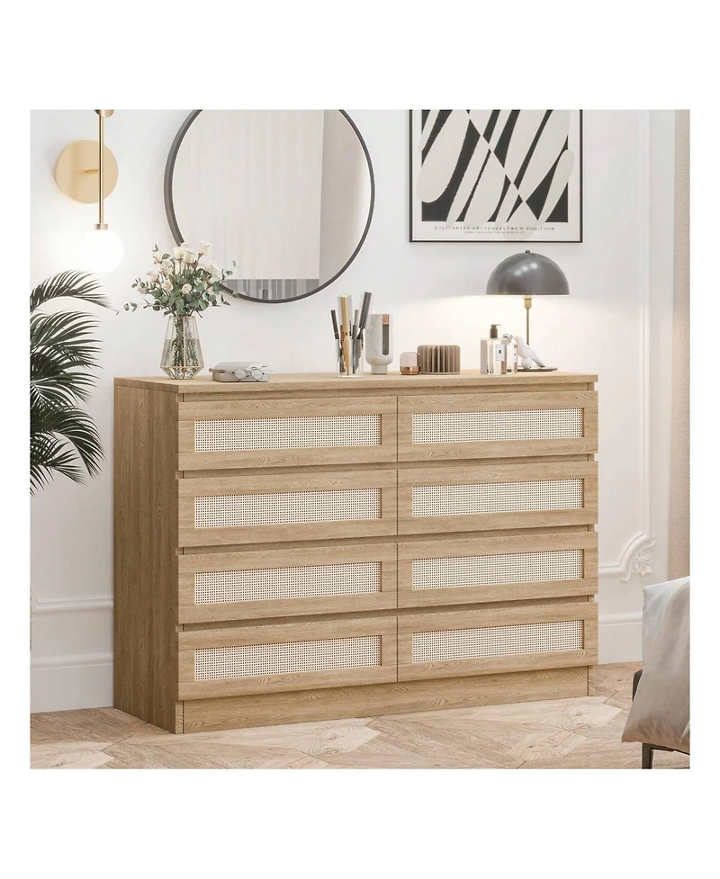 8 Drawer Double Dresser For Bedroom, Rattan Chest Of Dressers