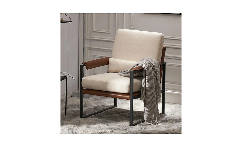 Slickblue Beige Brown Honeycomb Leather Armrest Chair - Single Iron Frame Indoor Leisure Chair for Soft Comfort and Style