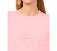 CeCe Women's Beaded Love Script Crewneck Long-Sleeve Sweater