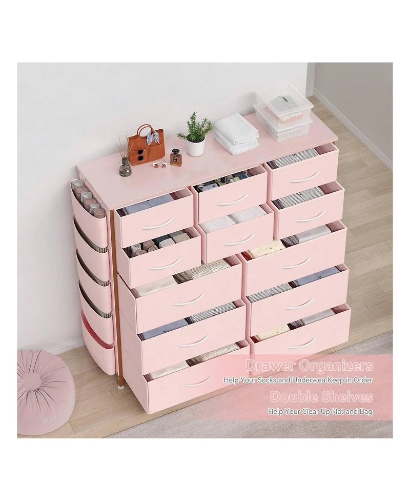 Dresser For Bedroom With 12 Drawer, Dressers & Chests Of Drawers For Hallway, Entryway, Storage Organizer Unit With Fabric, Sturdy Metal Frame, Wood T