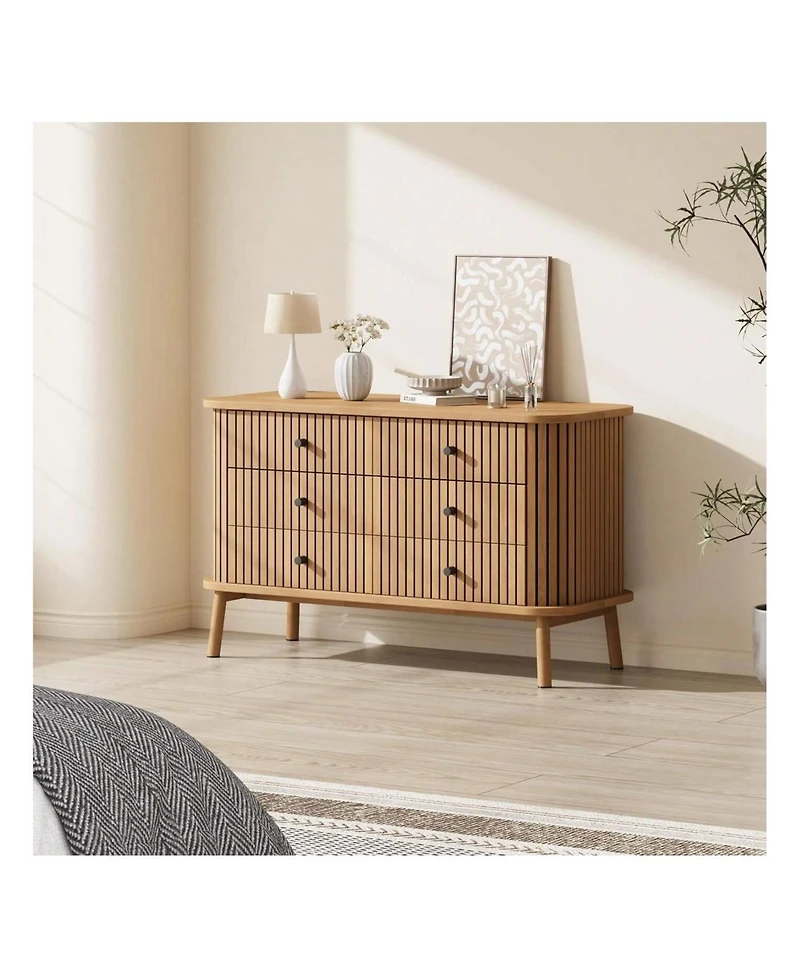 6 Drawer Dresser, Horizontal Chests Of Double Drawers For Bedroom, Mid Century Dresser With Black Handles And Wooden Legs, Storage Drawer Organizer Fo