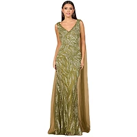 Lara Women's V - Neck Gown with Long Cape Sleeves