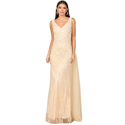 Lara Women's V - Neck Gown with Long Cape Sleeves