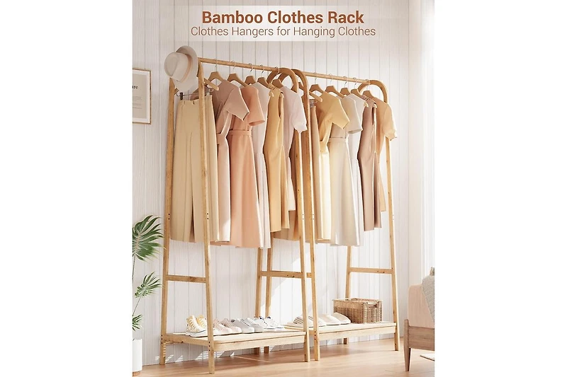 gaomon Bamboo Freestanding Clothes Rack with Storage Shelf and Hanging Rod, Portable and Space-Saving Garment Organizer for Entryway, Bedroom, Living