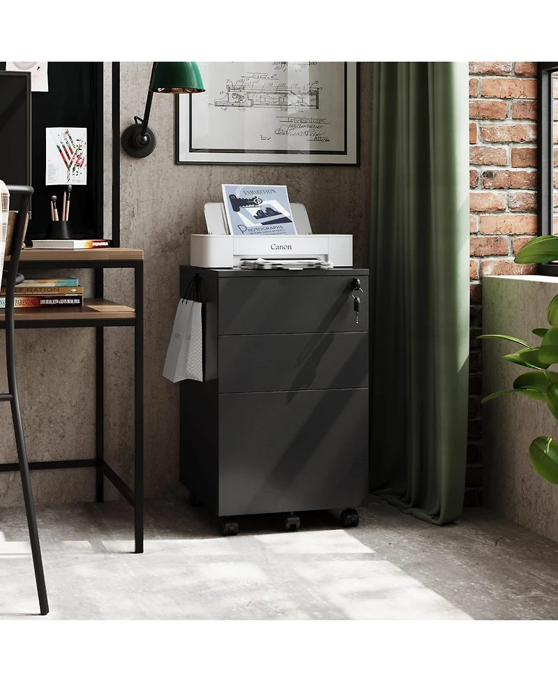 Galaxhero 3-Drawer Rolling File Cabinet with Lock, Small Wood Office Filing Cabinet for Home Office, Fits Letter/Legal/A4 Size Folders, Under Desk, Bl