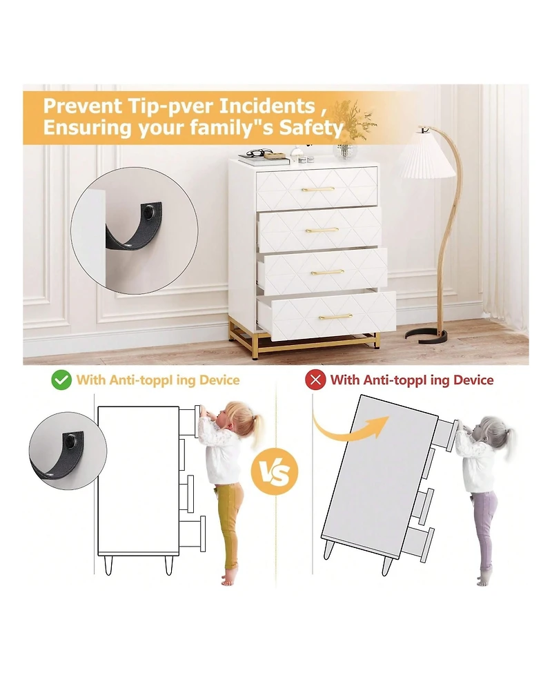 Dresser For Bedroom With 4 Drawers And Metal Handle,Chest Of Drawers, Sturdy Frame Modern Furniture, Wood Dressers