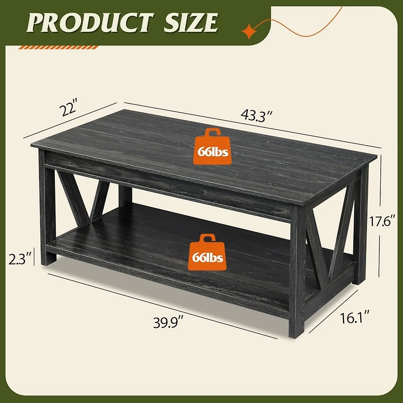 Wlive Farmhouse Coffee Table,Living Room Table with Storage,43 in Wood Center Table with V-Shaped Frame for Home Office,Apartment,Charcoal Black