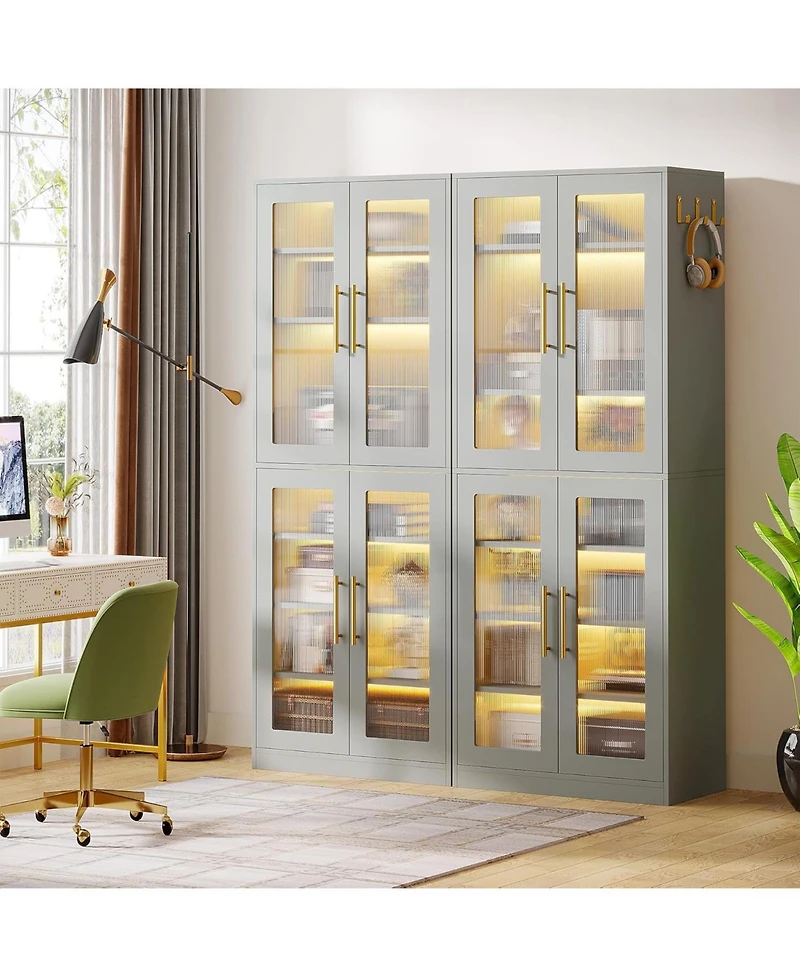 Tribesigns Bookcase with Doors and Led Light, 67-inch Tall Bookshelf 8-Tier Adjustable Shelves Hanging Hooks, Freestanding Storage Cabinet