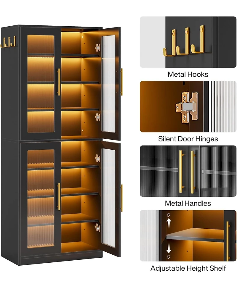 Tribesigns Bookcase with Doors and Led Light, 67-inch Tall Bookshelf 8-Tier Adjustable Shelves Hanging Hooks, Freestanding Storage Cabinet