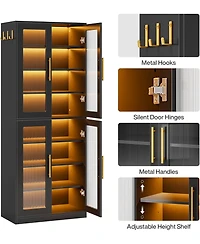 Tribesigns Bookcase with Doors and Led Light, 67-inch Tall Bookshelf 8-Tier Adjustable Shelves Hanging Hooks, Freestanding Storage Cabinet