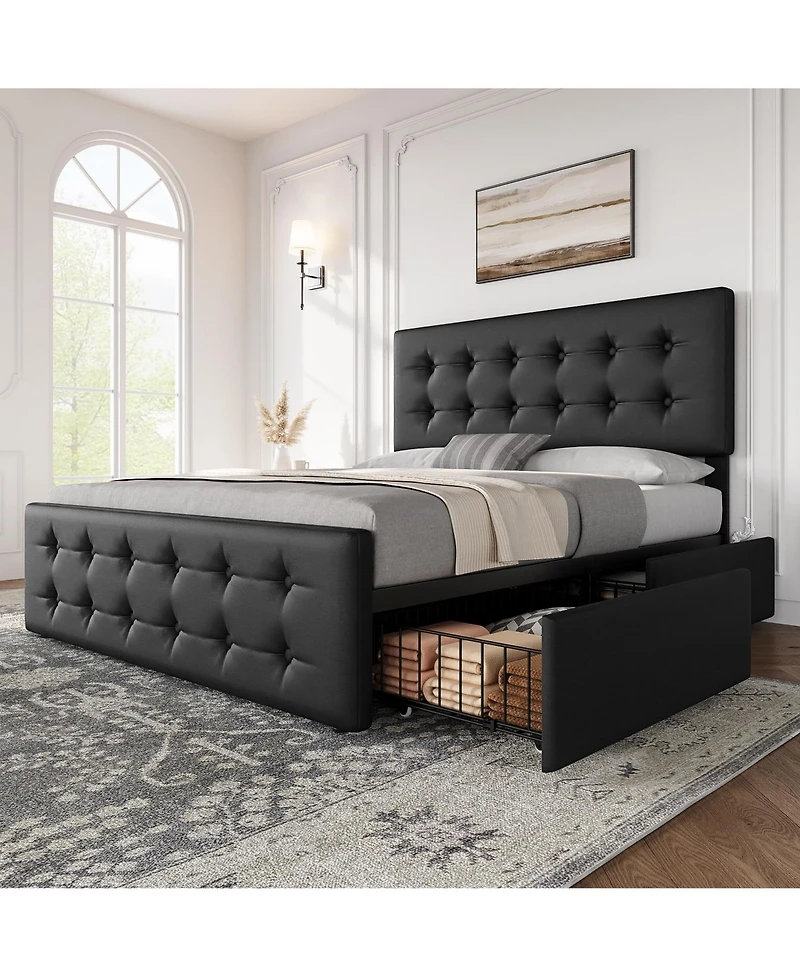 gaomon Queen Bed Frame with Headboard and 4 Storage Drawers, Platform Square Stitched Button Tufted