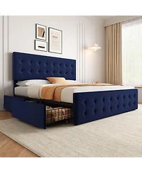 gaomon Queen Bed Frame with Headboard and 4 Storage Drawers, Platform Bed Frame Square Stitched Button Tufted