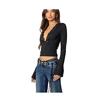 Edikted Womens Tina Lacey Plunge Neck Top