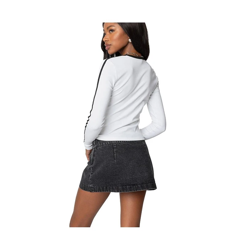 Edikted Womens Contrast V Neck Long Sleeve T Shirt