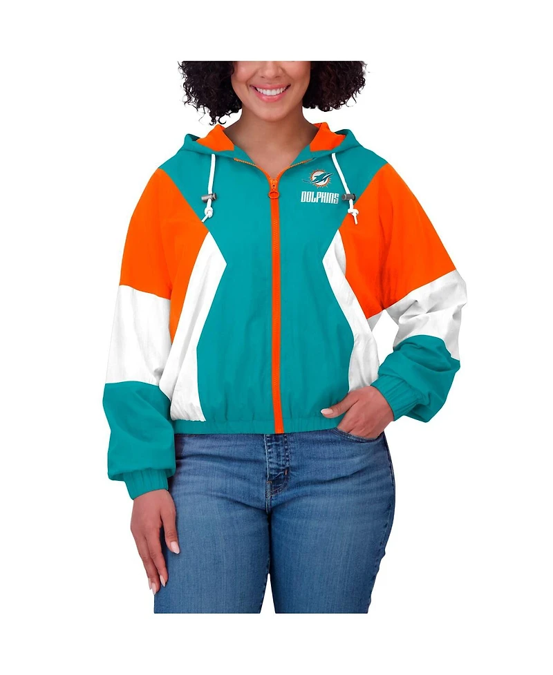 Wear by Erin Andrews Women's Aqua Miami Dolphins Color Block Full-Zip Windbreaker Jacket