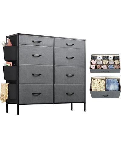 Wlive Dresser for Bedroom with 8 Drawers Tall Storage Tower with Drawer Organizers Side Pockets and Hooks Fabric Dresser Chest of Drawers for Living R