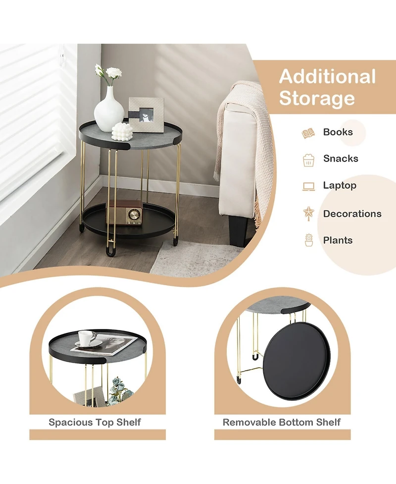 Gymax 2-Tier Side End Table Round Nightstand Gold Frame for Living Room Bedroom