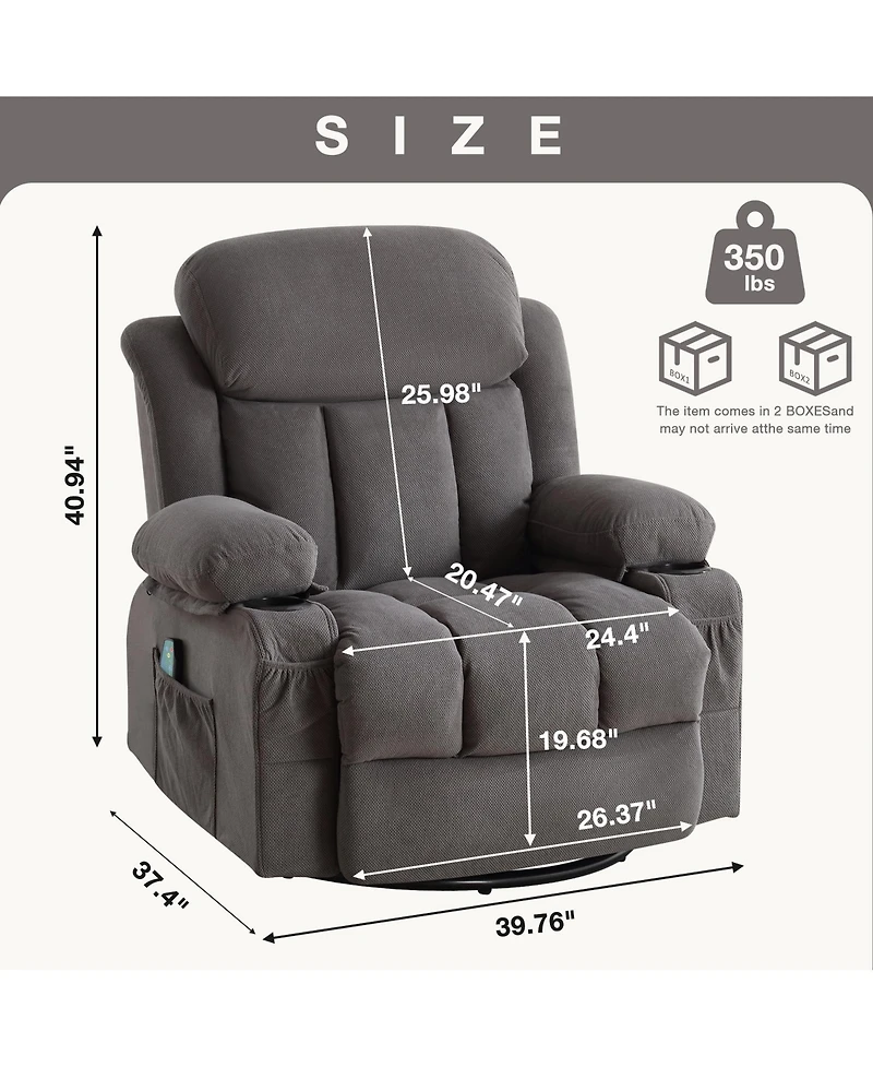 Swinging Recliner Massage Heated Sofa with Usb and 2 Cup Holders