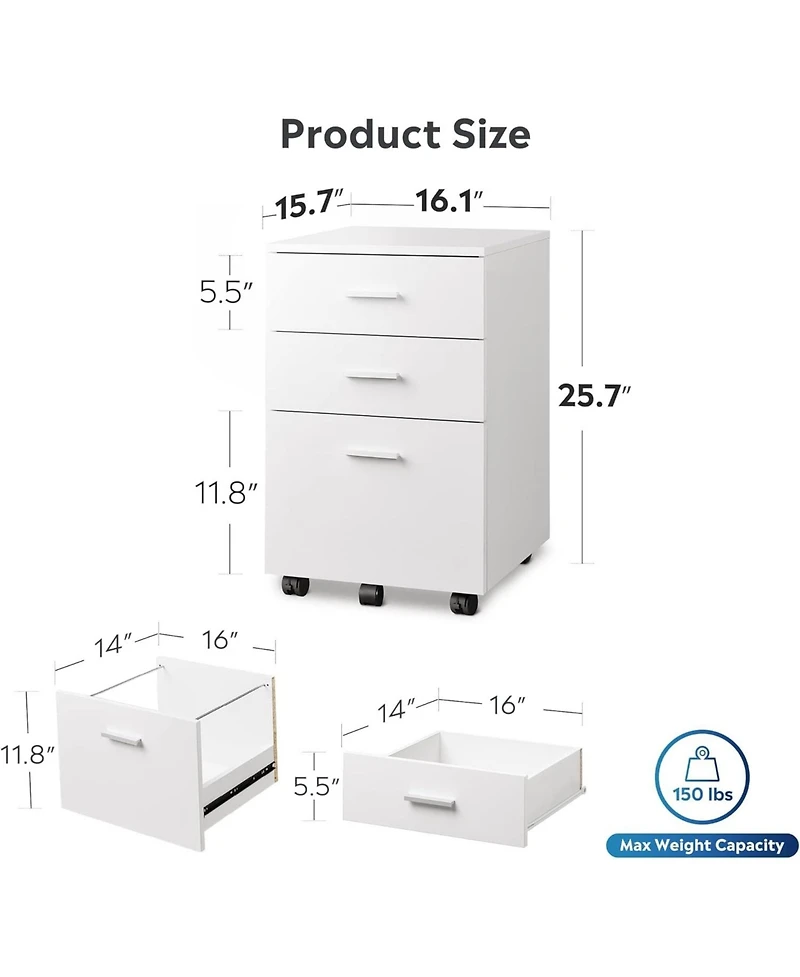 3 Drawer Wood Mobile File Cabinet, Rolling Filing Cabinet for Letter/A4 Size
