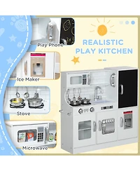 Qaba Play Kitchen, Kids Kitchen Playset w/ Play Phone & Chalkboard,