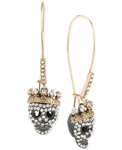 Betsey Johnson Two-Tone Pave Skull Long Drop Earrings