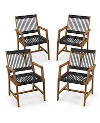 Gymax Patio 4PCS Acacia Wood Dining Chairs All-Weather Rope Woven Armchairs Outdoor