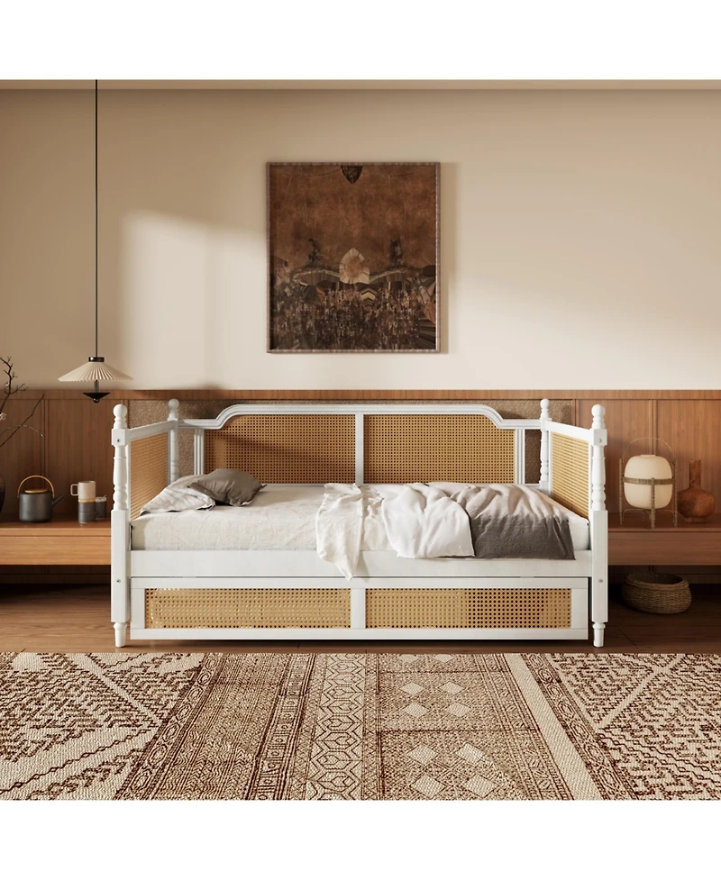 Streamdale Furniture Traditional Style Rattan Twin Size Daybed with Twin Size Trundle for Limited Space, Guest Room, No Box Spring Needed,Antique Whit