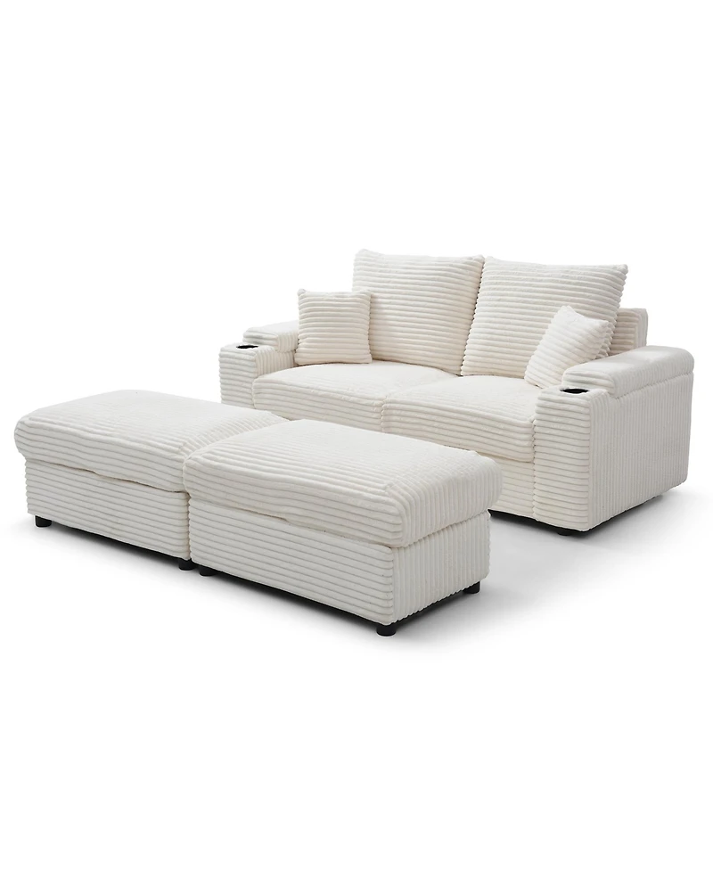 Streamdale Furniture Loveseat with Ottomans,Corduroy Fabric Modular Sectional Sofa,Comfy Deep Plush Couch with Ottomans and Two Pillows,for Small Spac